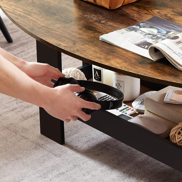 Rustic Brown Coffee Table with Storage Compartment Shelf