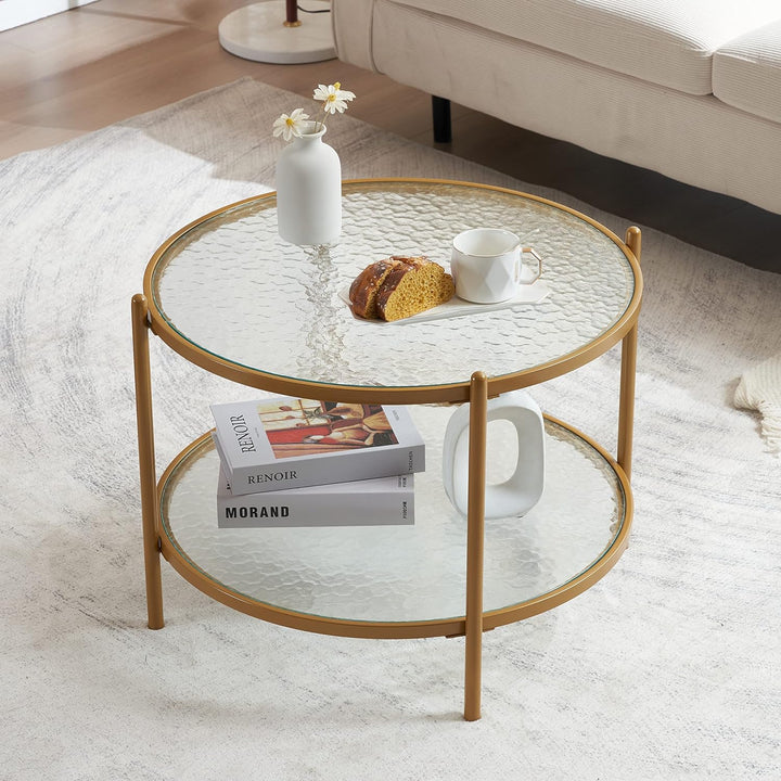 Matte Gold Round Coffee Table, 2-Tier Storage Design, Living Room