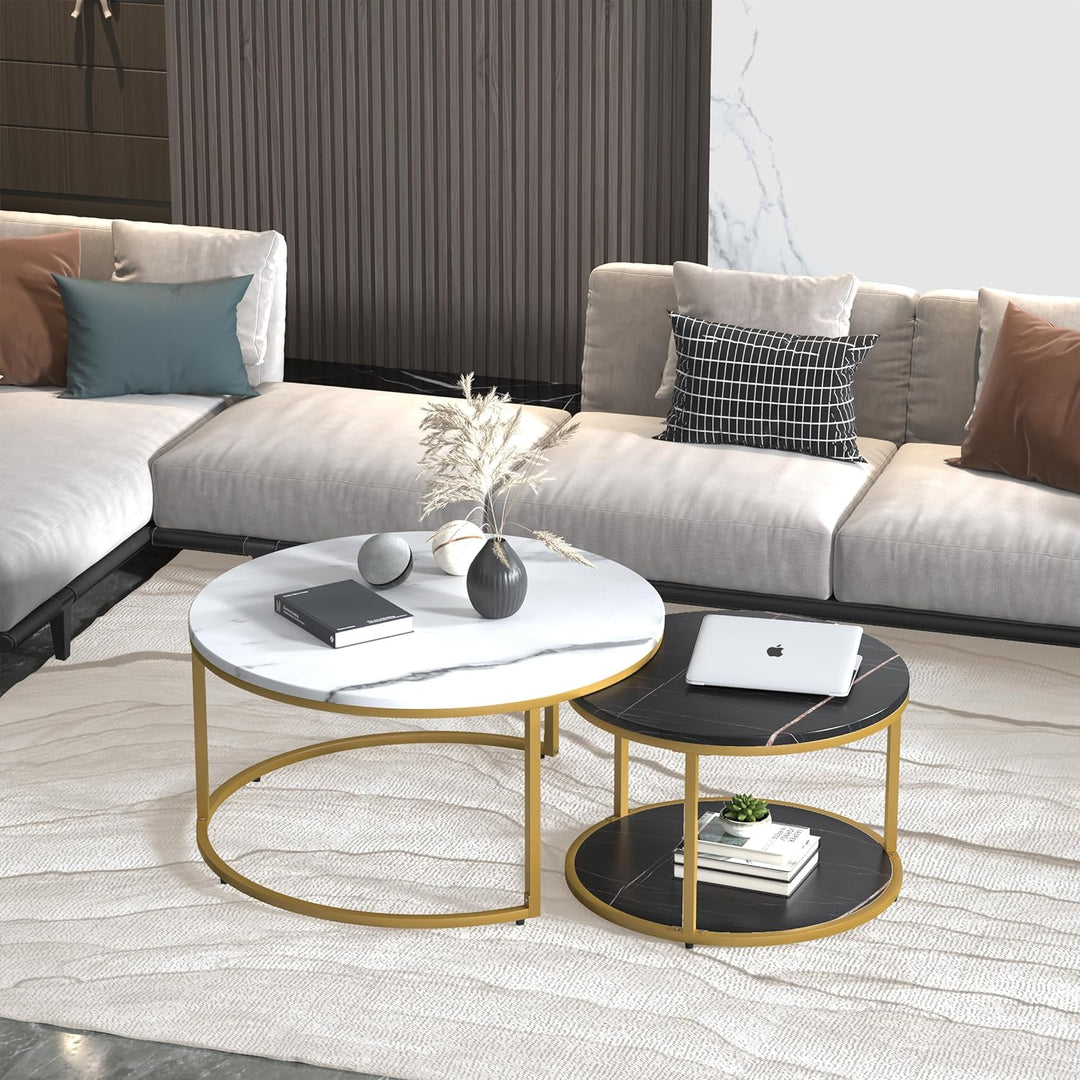 Elegant Modern Round Coffee Table Set, White and Black