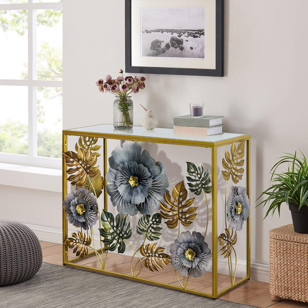 Console Table, Vintage Art Sofa Table with Metal Flower