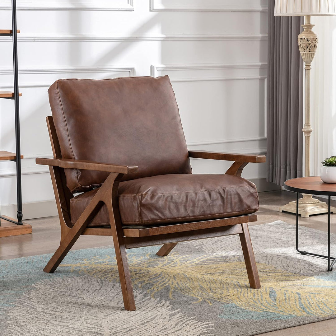 Leather Accent Chair Mid Century Modern PU Brown