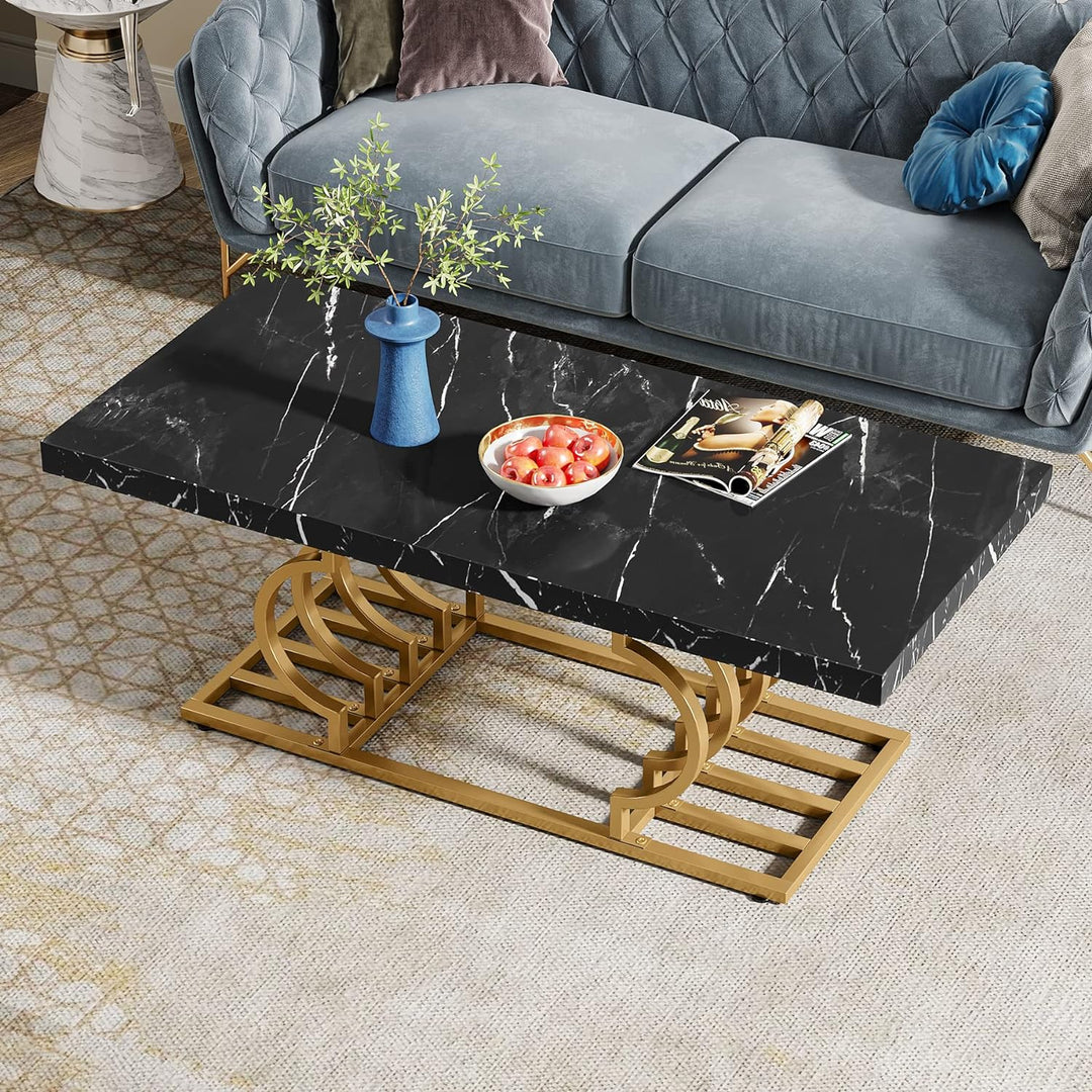 Faux Marble Coffee Table with Geometric Frame, Black and Gold