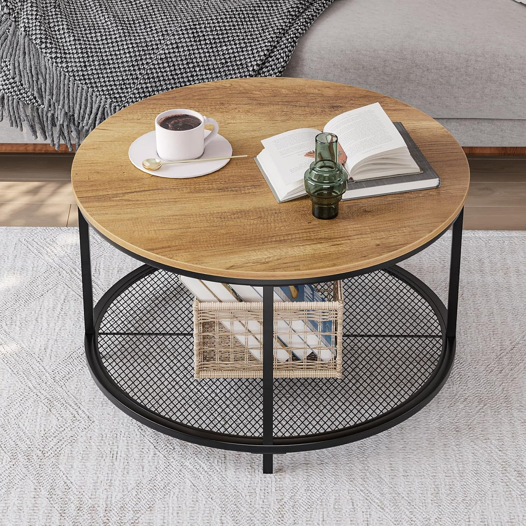 31.5" Round Coffee Table, 2-Tier Brown Wood Living Room Table, Industrial