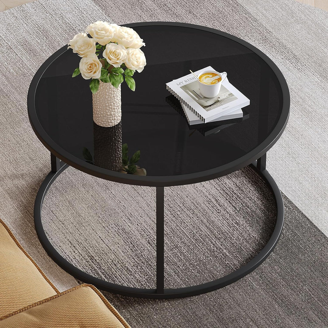 Sleek Black Glass Coffee Table, Modern Round Accent Table