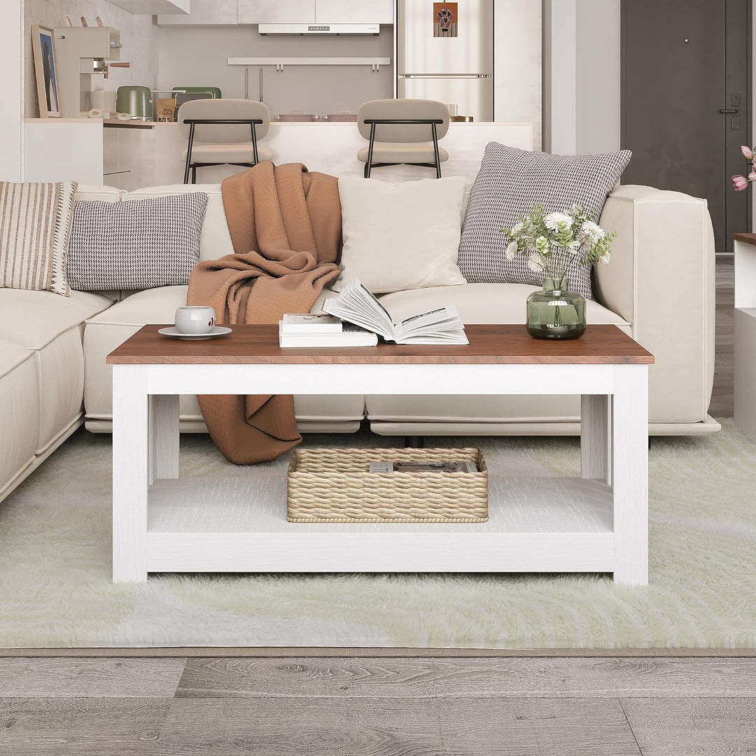 Elegant Wooden Coffee Table with Storage - Walnut & White