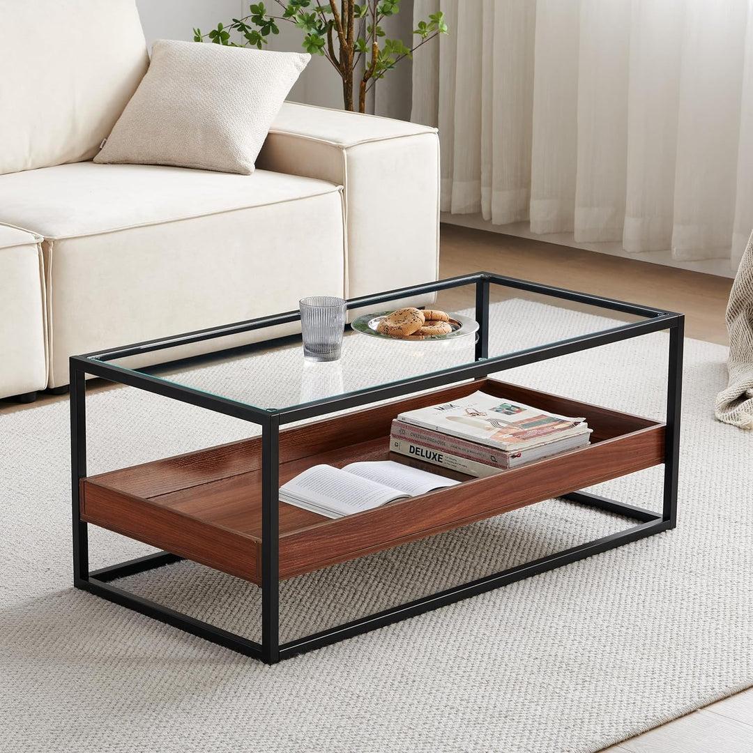 Dual-Layer Glass Coffee Table, Walnut Wood Panels, Black Frame