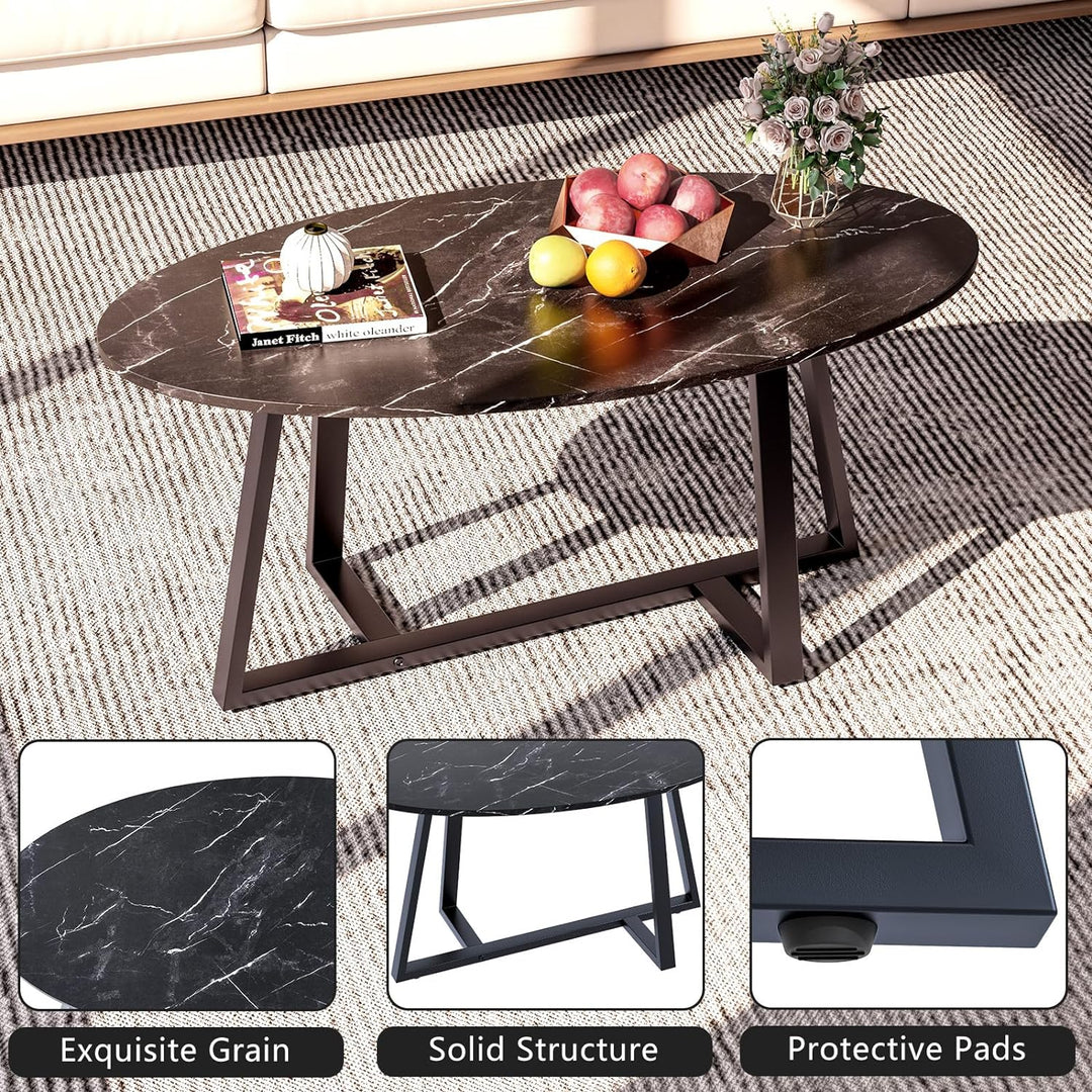 Faux Black Marble Oval Coffee Table, Wooden Gold Elliptic Modern Side End Table