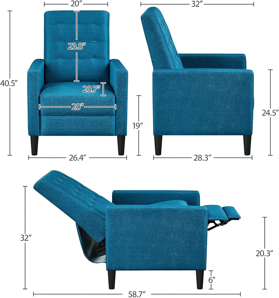 Fabric Recliner Chair Mid-Century Modern Blue