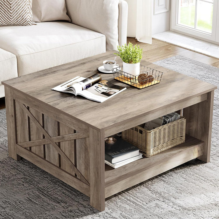 YITAHOME Farmhouse Coffee Table with Storage, Rustic Grey