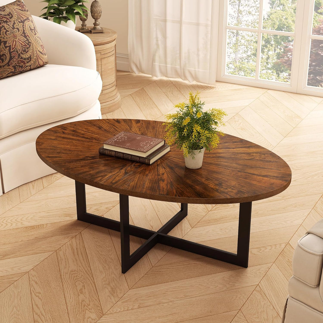 Solid Wood Oval Coffee Table, Rustic Brown Without Shelf