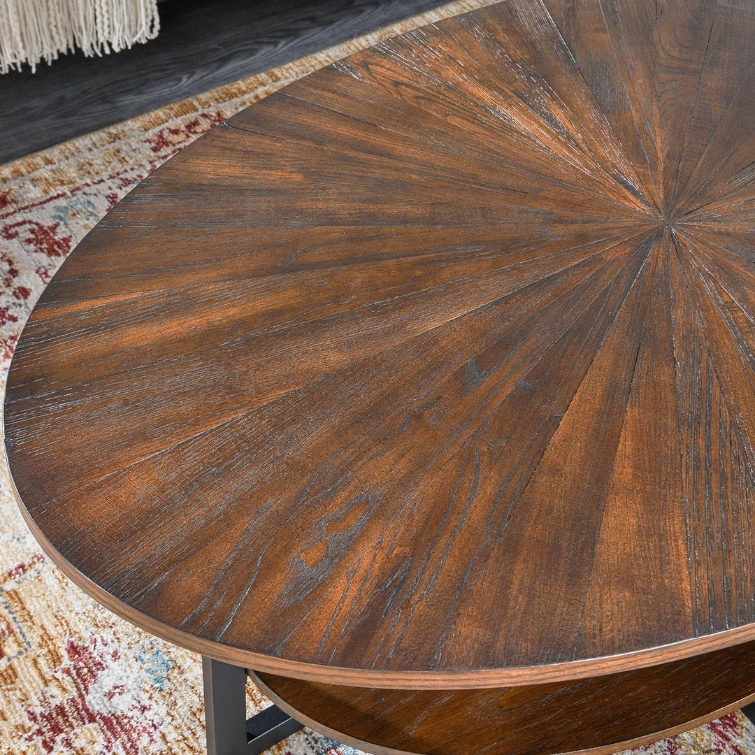 Oval Coffee Table with Storage Shelf, Farmhouse Sofa Center Table, Solid Wood Living Room Cocktail Table, Rustic Brown