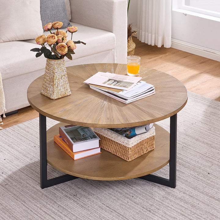 Rustic 2-Tier Coffee Table, Solid Wood Farmhouse Cocktail Table, Rustic Natural