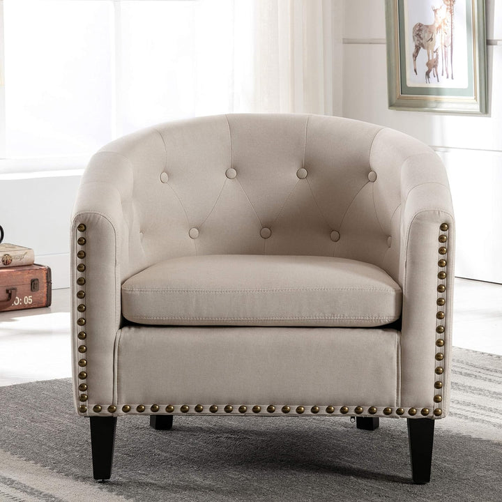 Upholstered Accent Armchair Linen Fabric Barrel Chairs