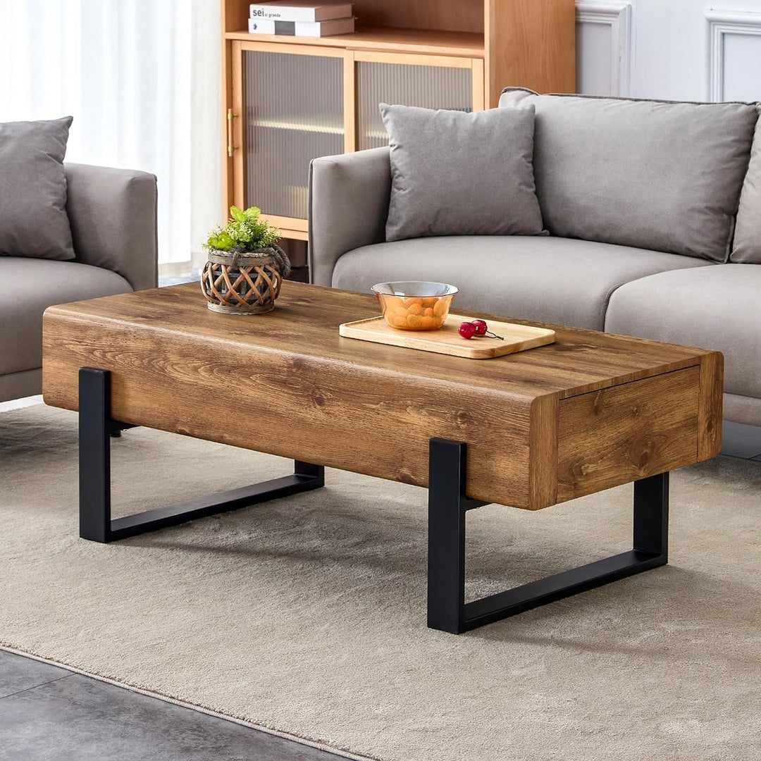 Stylish Rectangular Coffee Table With Drawers, Walnut Wood