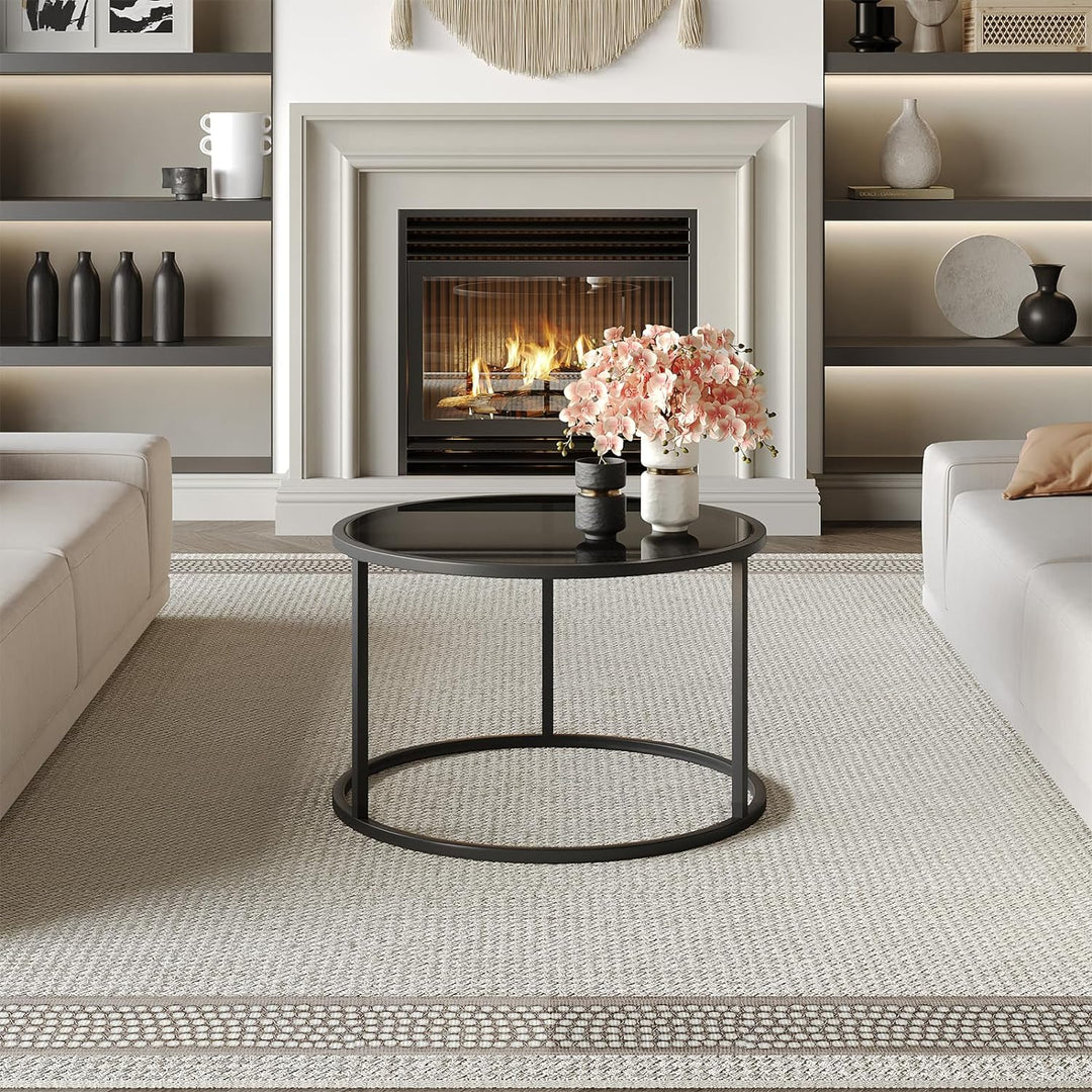 Sleek Black Glass Coffee Table, Modern Round Accent Table