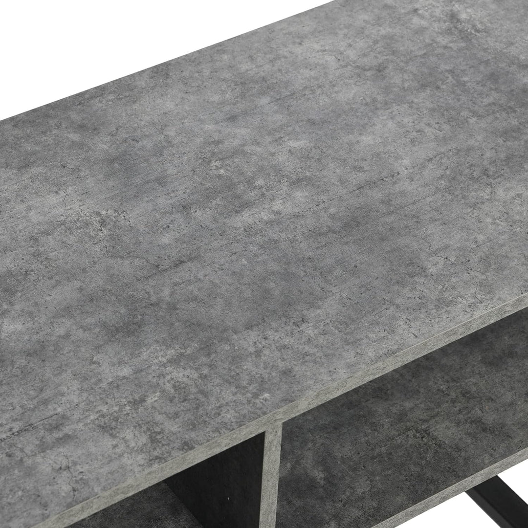 Rustic TV Stand Coffee Table with Storage, Slate Concrete, Black Metal