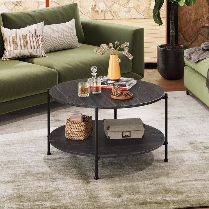 Stylish 2-Tier Round Coffee Table with Storage Shelf, Charcoal