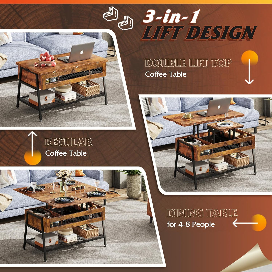 Lift Top Coffee Table with Hidden Storage, Converts to Dining Table, Rustic Brown