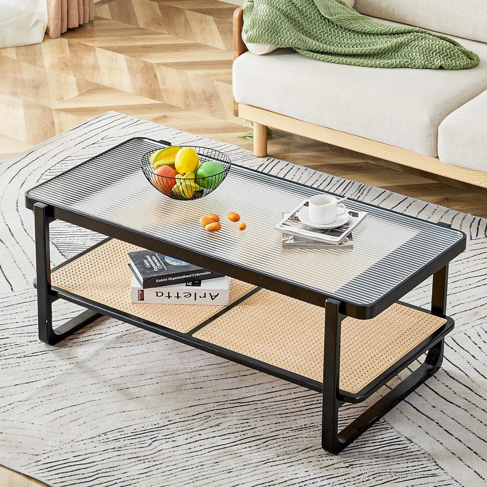 Stylish Rattan Coffee Table with Glass Top, BlackA