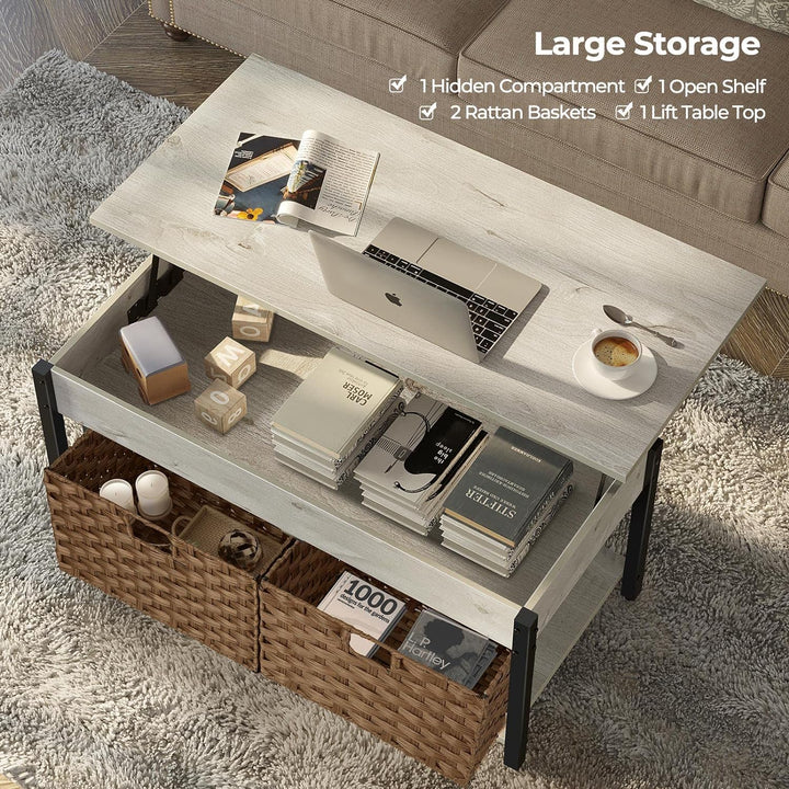 Retro Coffee Table with Hidden Storage and Rattan Baskets, Grey