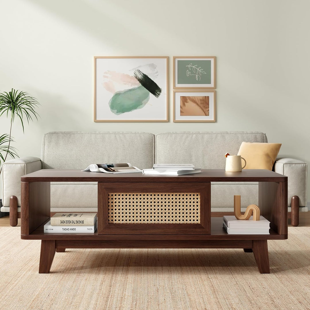 Coffee Table, Mid Century Modern Square with Rattan Drawer, Dark Walnut