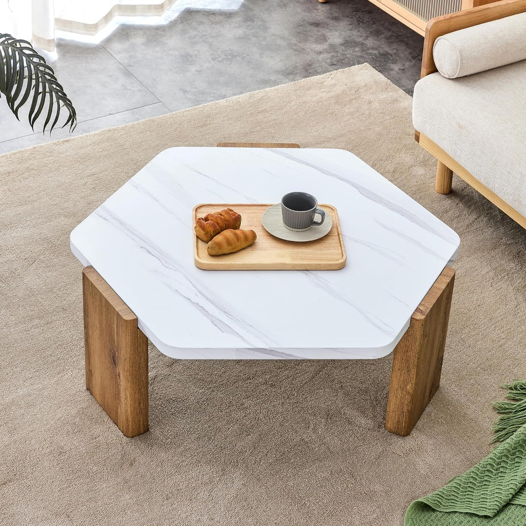 Stylish Hexagonal Coffee Table, White Marble Top, Wooden Legs