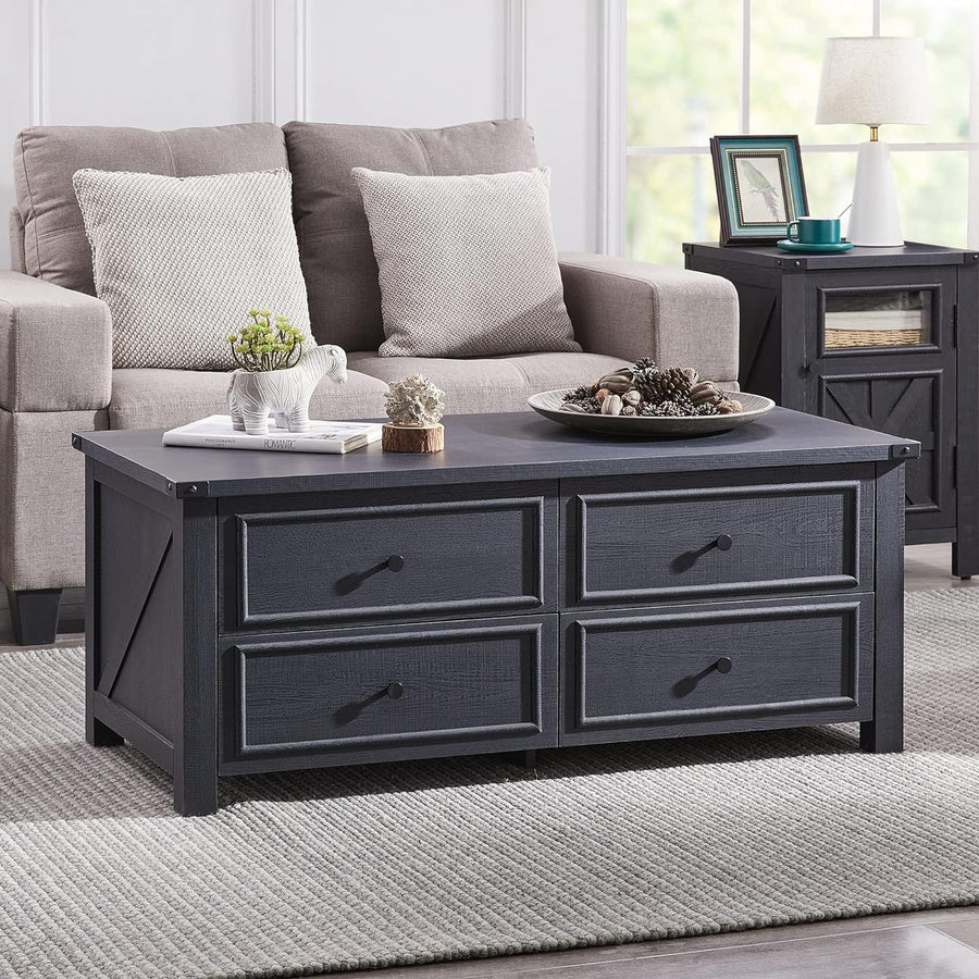 Farmhouse Coffee Table with Storage Drawers, Rustic Cocktail Table, Black