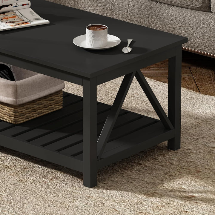 Rustic Vintage Coffee Table with Shelf, Pure Black