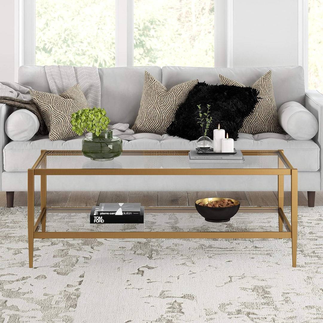 Rectangular Coffee Table with Glass Shelf, Antique Brass