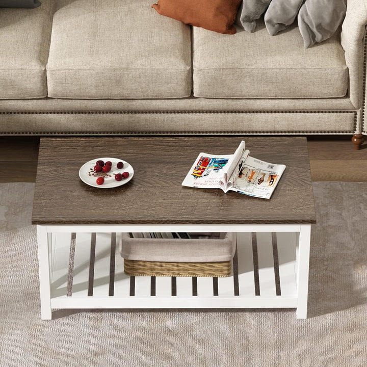 Rustic Farmhouse Coffee Table with Shelf, Vintage Finish White