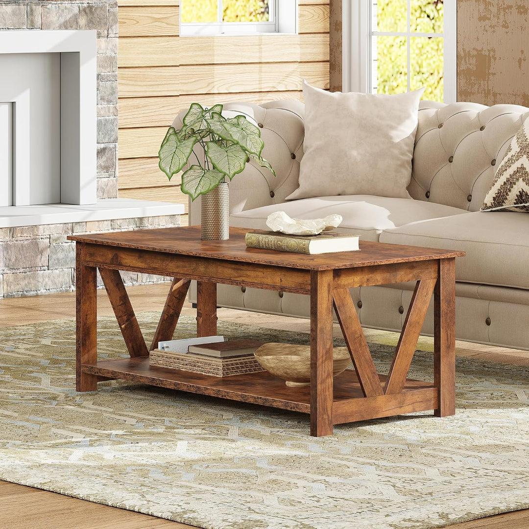 Farmhouse Coffee Table with Storage, 43-inch Wood Center Table, Rustic Brown