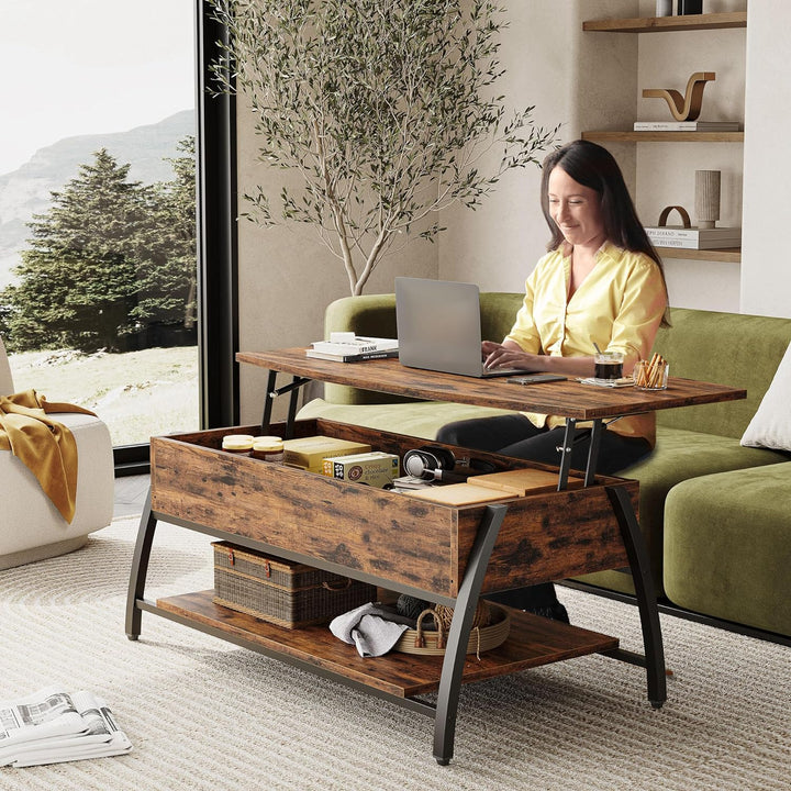 Lift Top Coffee Table with Storage, Industrial Mesh Shelves, Brown