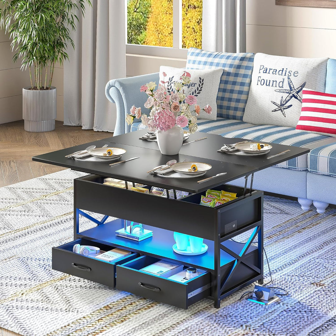 Farmhouse Coffee Table with LED Light, Power Outlet, Hidden Compartments, Black