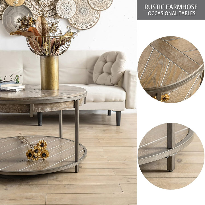 Rustic Round Wood Coffee Table, 2-Tier Farmhouse Circle Design