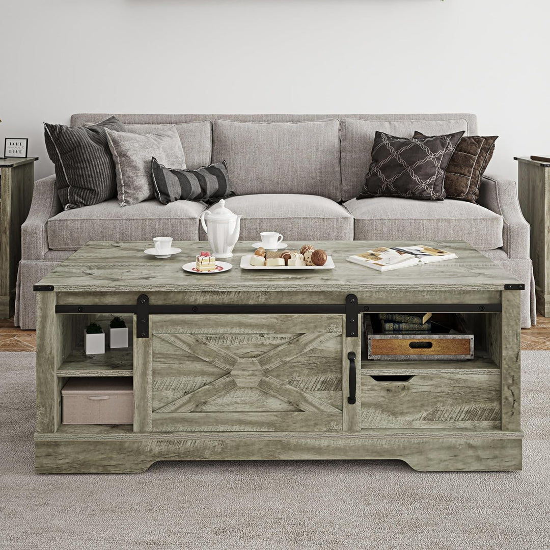 Farmhouse Coffee Table with Storage, Rustic Living Room Table, Light Grey