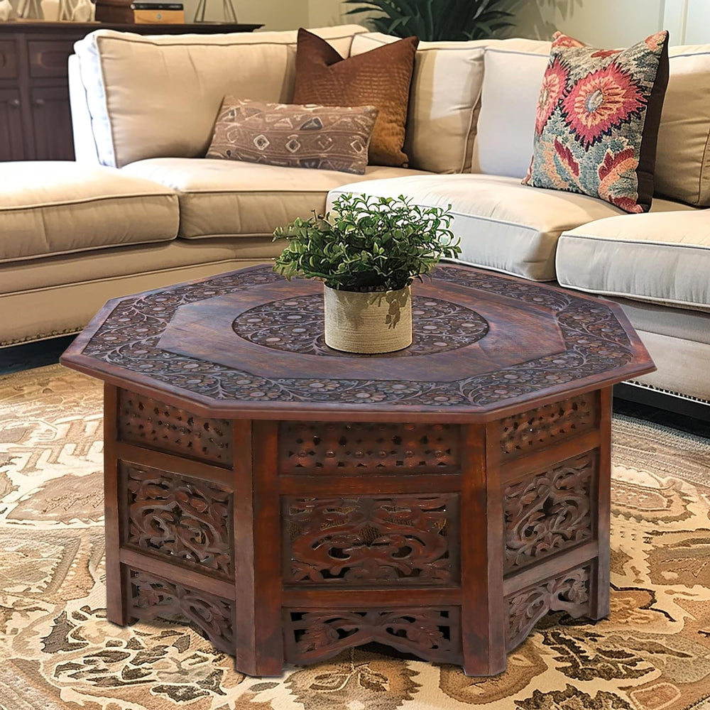 Solid Wood Coffee Table - Octagon 28x18 - Antique Dark Brown