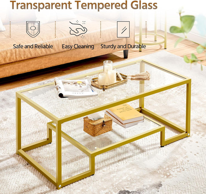 Yaheetech Gold Rectangular Glass Coffee Table for Living Room