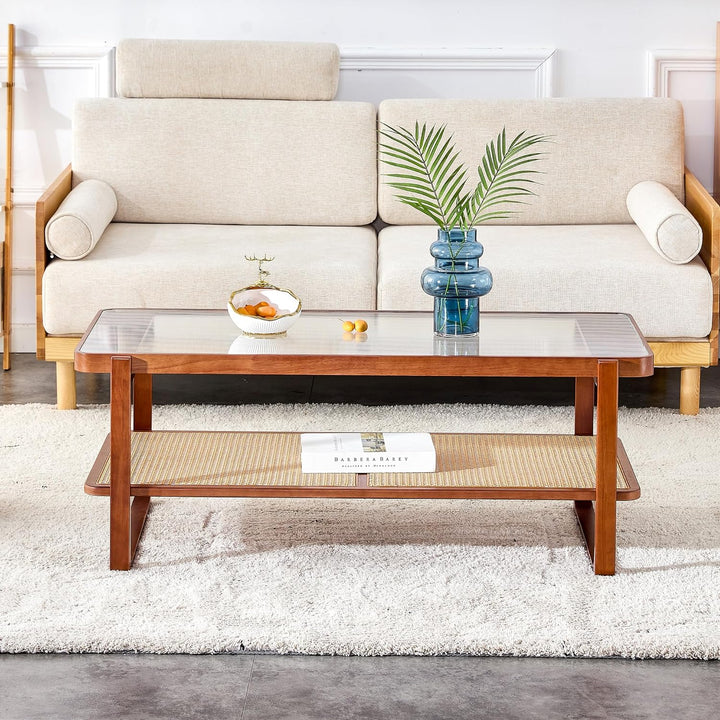 Pvillez Chinese Style Coffee Table, Mid Century Modern Faux Rattan Rectangular Coffee Table, Walnut