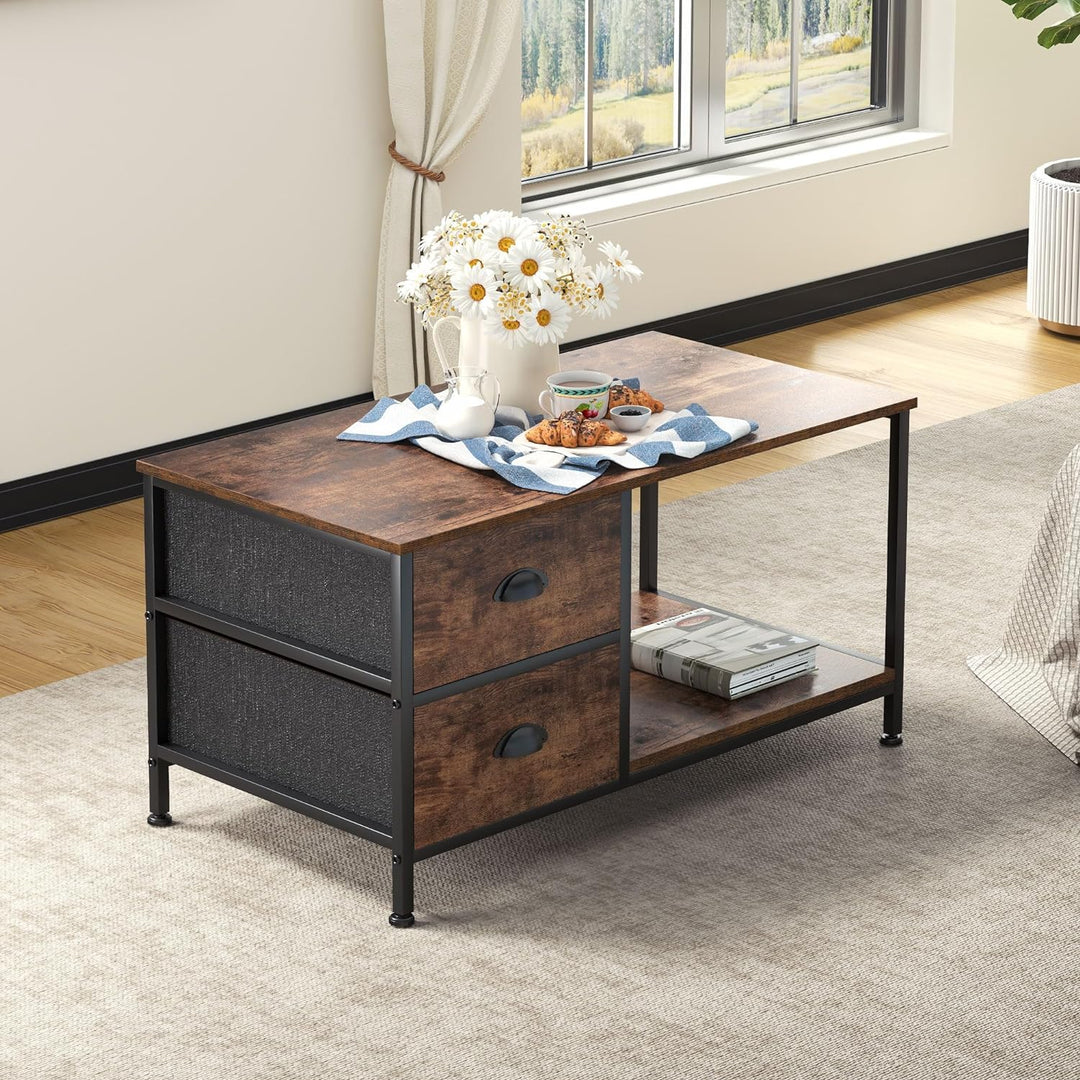 Coffee Table with Storage Drawers, 2-Tier Wood End Table, Brown