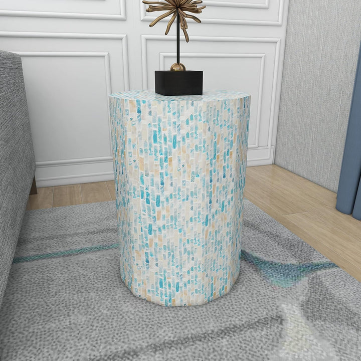 Mother of Pearl Shell Handmade Side End Accent Table, Blue