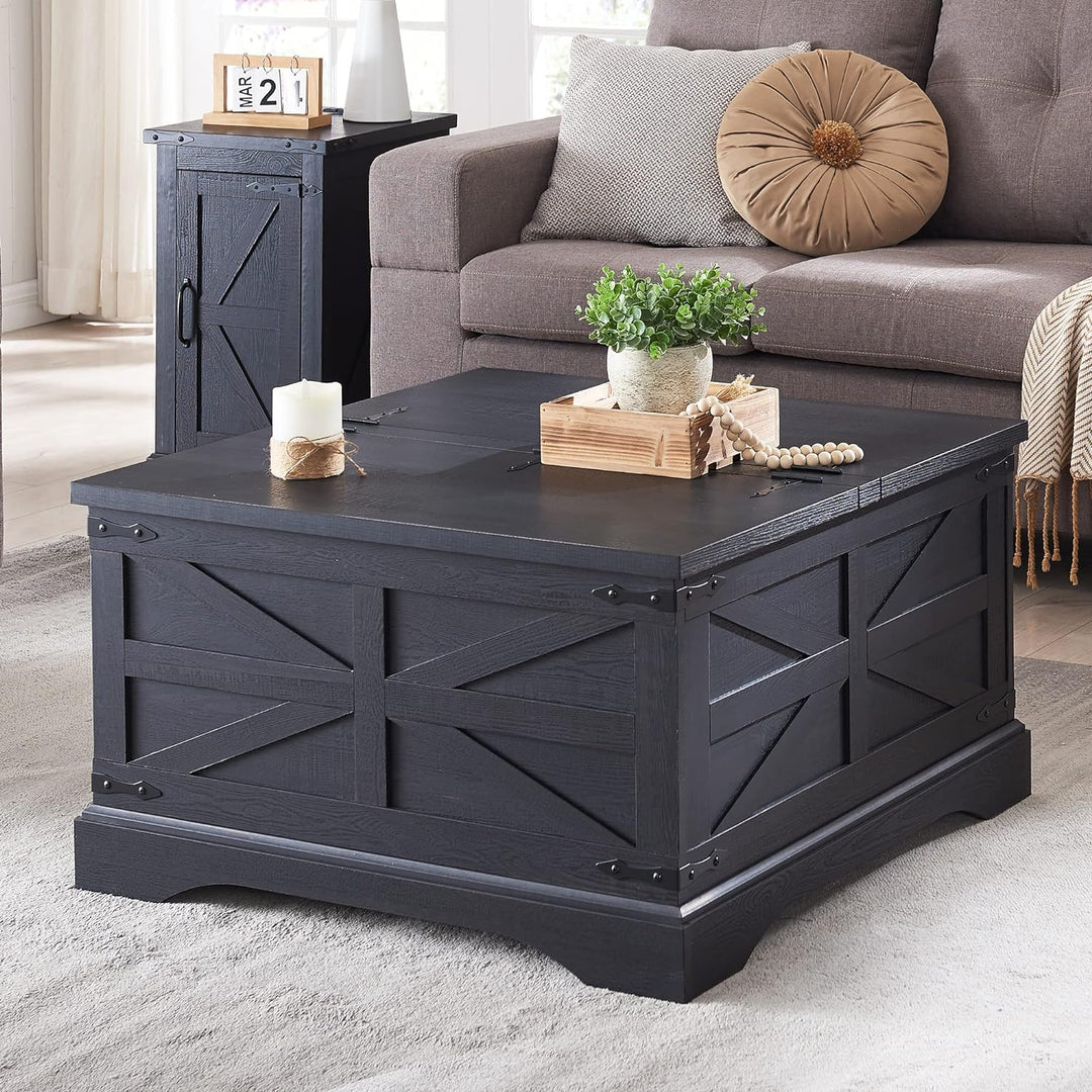 Farmhouse Coffee Table w/ Hidden Storage, Rustic Wood Cocktail Table, Black