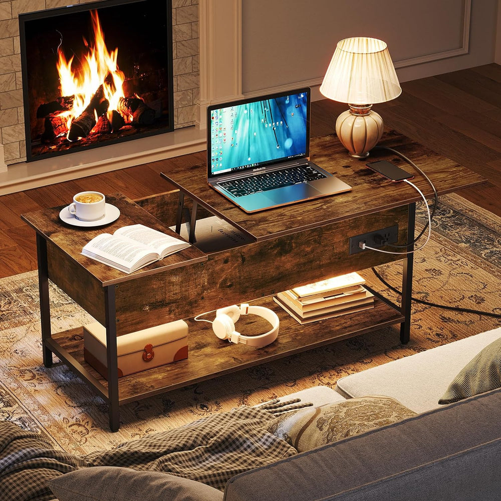 Lift Top Coffee Table with Power Outlet, Charging Station, Rustic Brown and Black