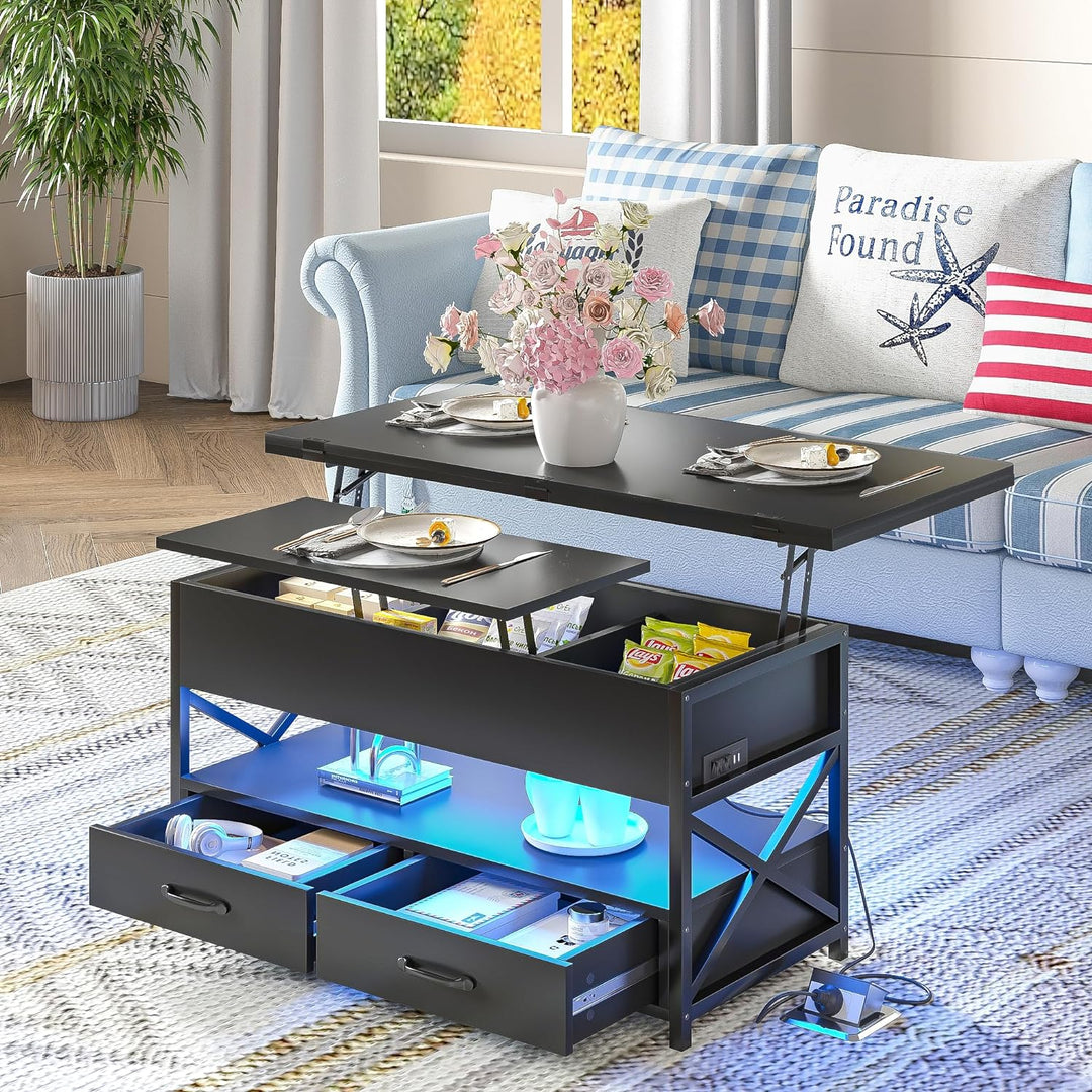 Farmhouse Coffee Table with LED Light, Power Outlet, Hidden Compartments, Black