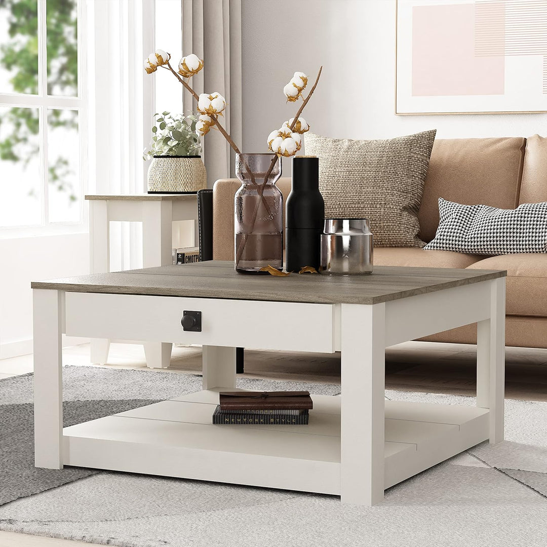 Galano Philia Modern Rectangular Coffee Table, Ivory Knotty Oak