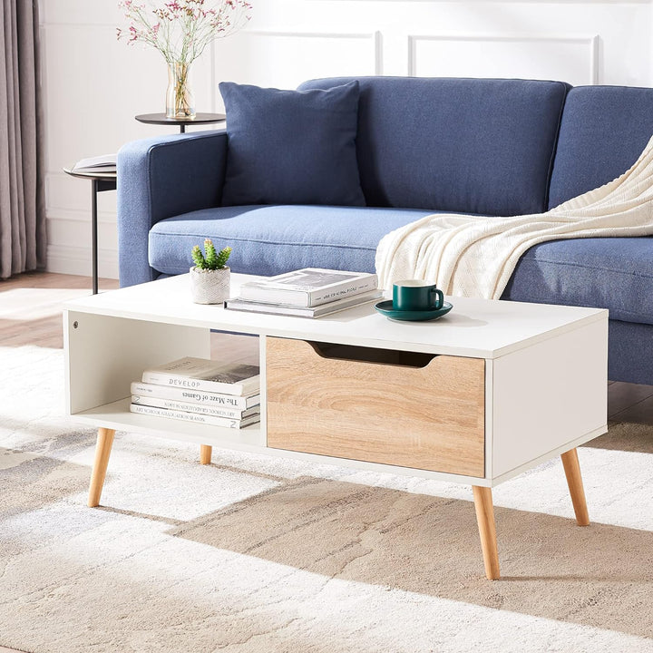 Cozy Modern Coffee Table with Storage, Wooden Cocktail Table, White