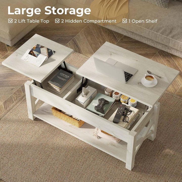 Farmhouse Coffee Table with Lift Top, Hidden Compartment, Grey