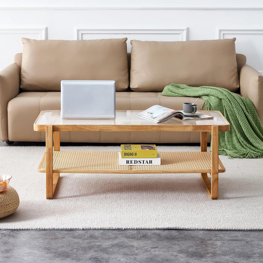 Mid-Century Modern Coffee Table, Boho Rectangular Solid Wood Center