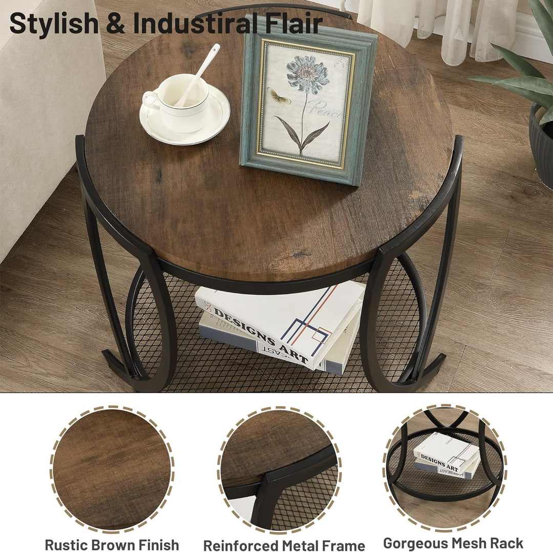 Industrial Round End Table, 2-Tier Side Table, Rustic