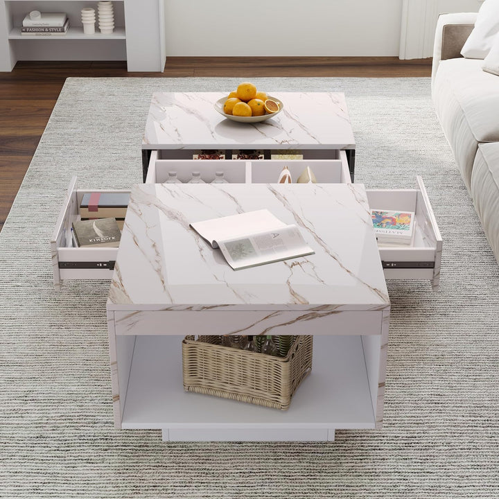 LED Coffee Table, Modern Center Table with Drawers, Ivory White