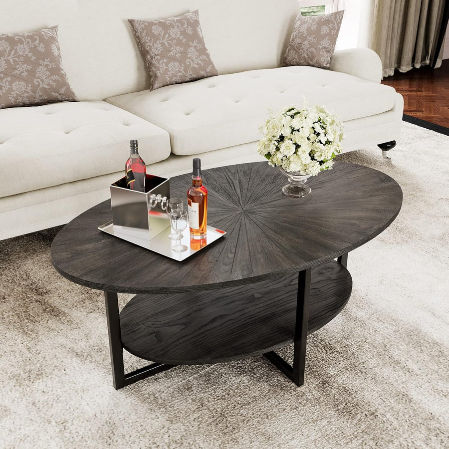 Rustic Oval Wood Coffee Table with Cross Metal Legs, Black